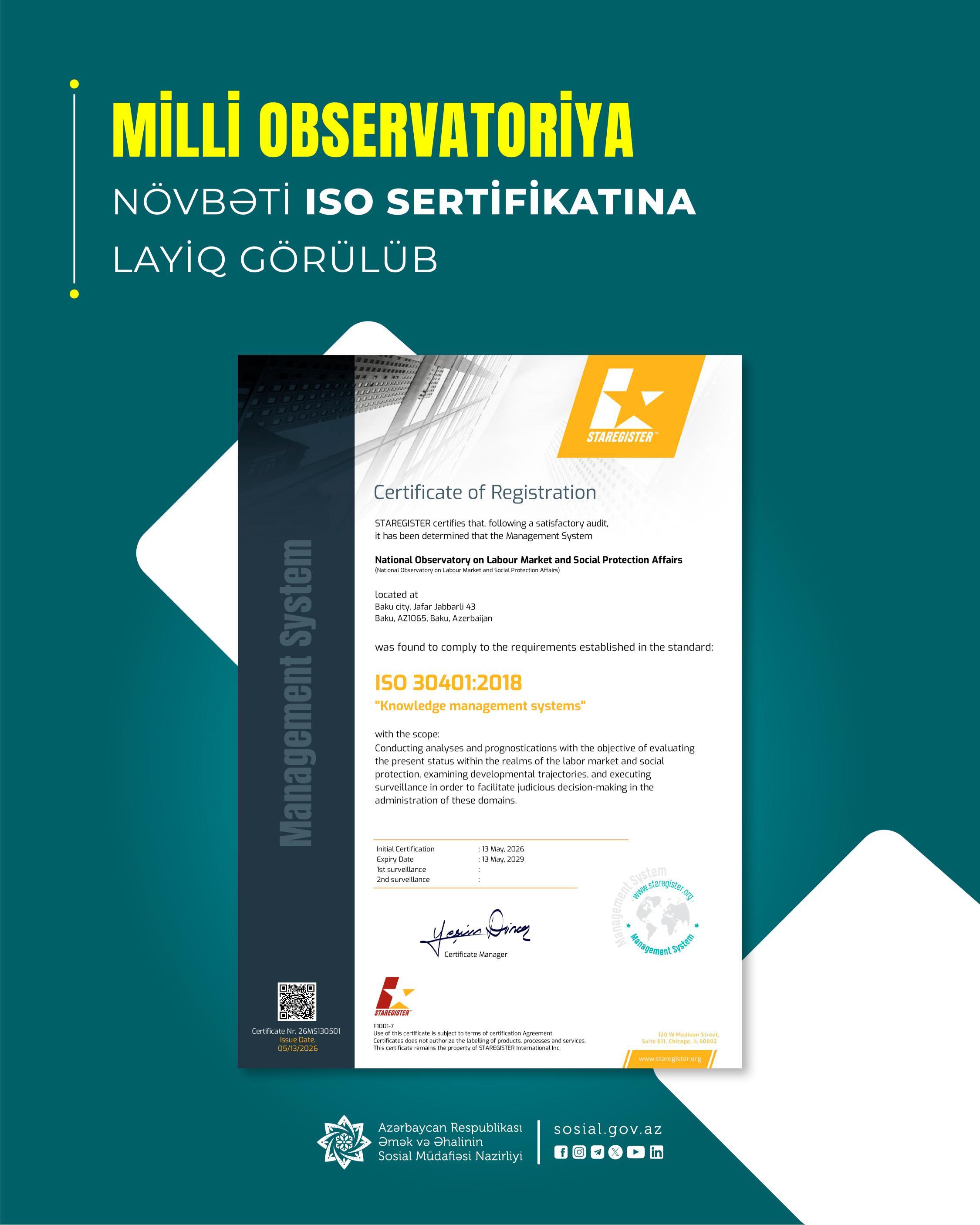 Milli Observatoriya daha bir mühüm beynəlxalq sertifikata layiq görülüb