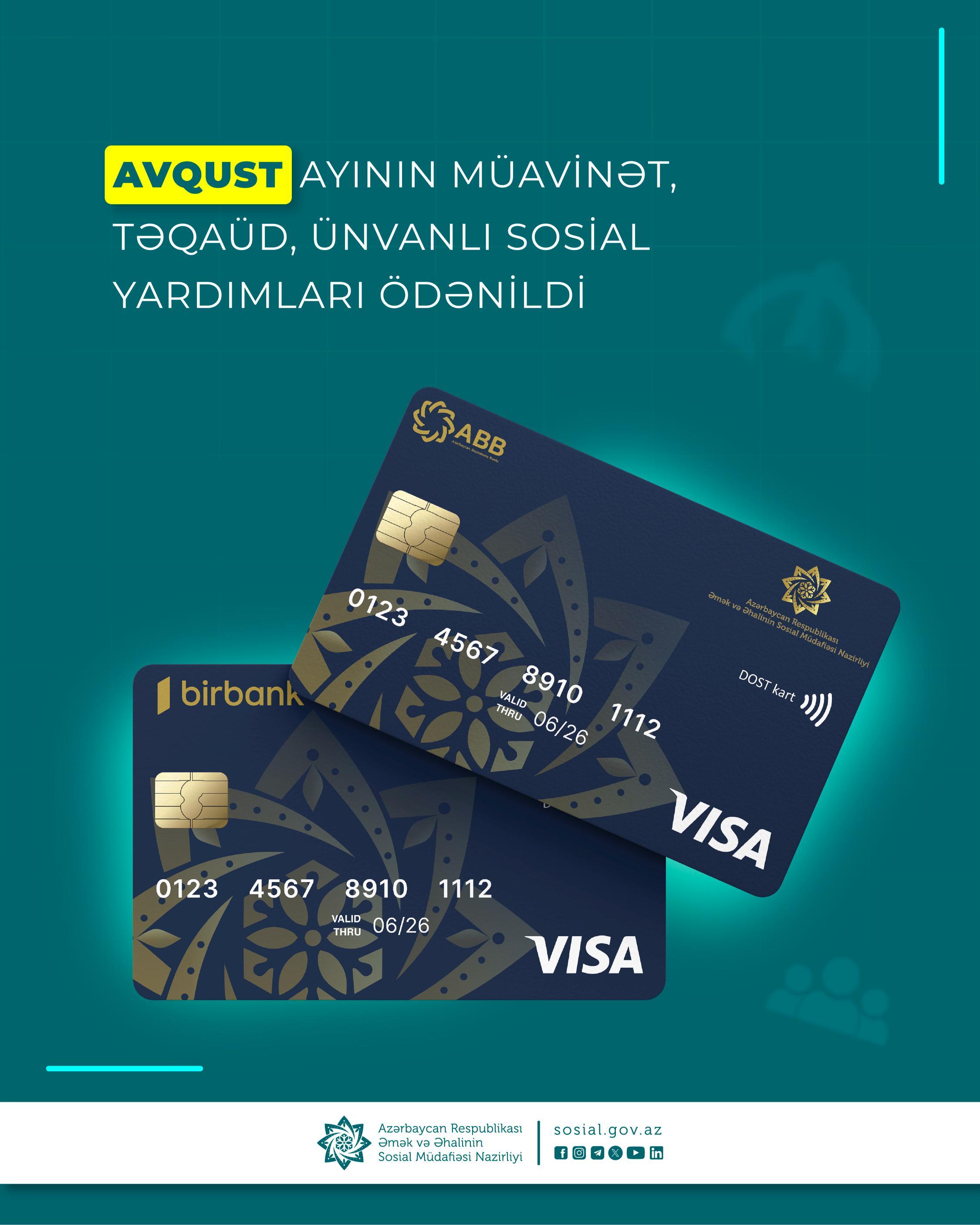 Avqust ayının müavinət, təqaüd, ünvanlı sosial yardımları ödənildi