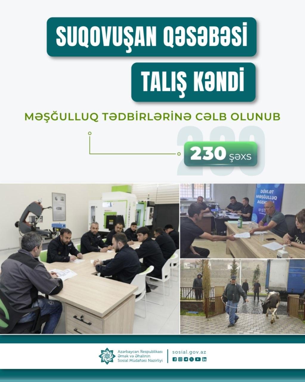 Suqovuşan qəsəbəsi və Talış kəndində köçürülən sakinlərdən 230 şəxs məşğulluq tədbirlərinə cəlb edilib