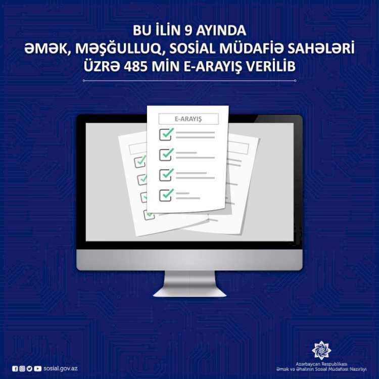 Bu ilin 9 ayında əmək, məşğulluq, sosial müdafiə sahələri üzrə 485 min e-arayış verilib