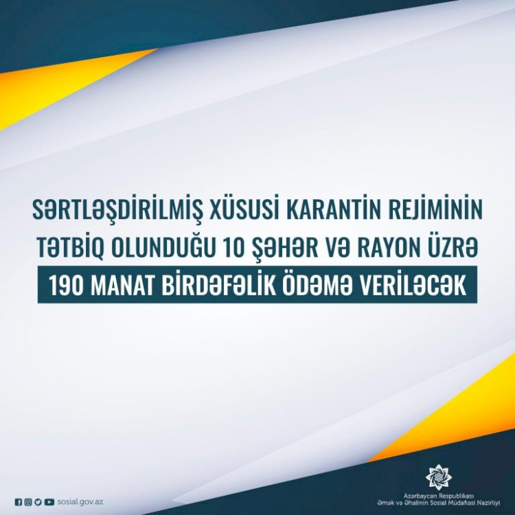 Sərtləşdirilmiş xüsusi karantin rejiminin tətbiq olunduğu 10 şəhər və rayon üzrə 190 manat birdəfəlik ödəmə veriləcək